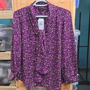 Banana Republic Purple Floral Tie-Neck Blouse